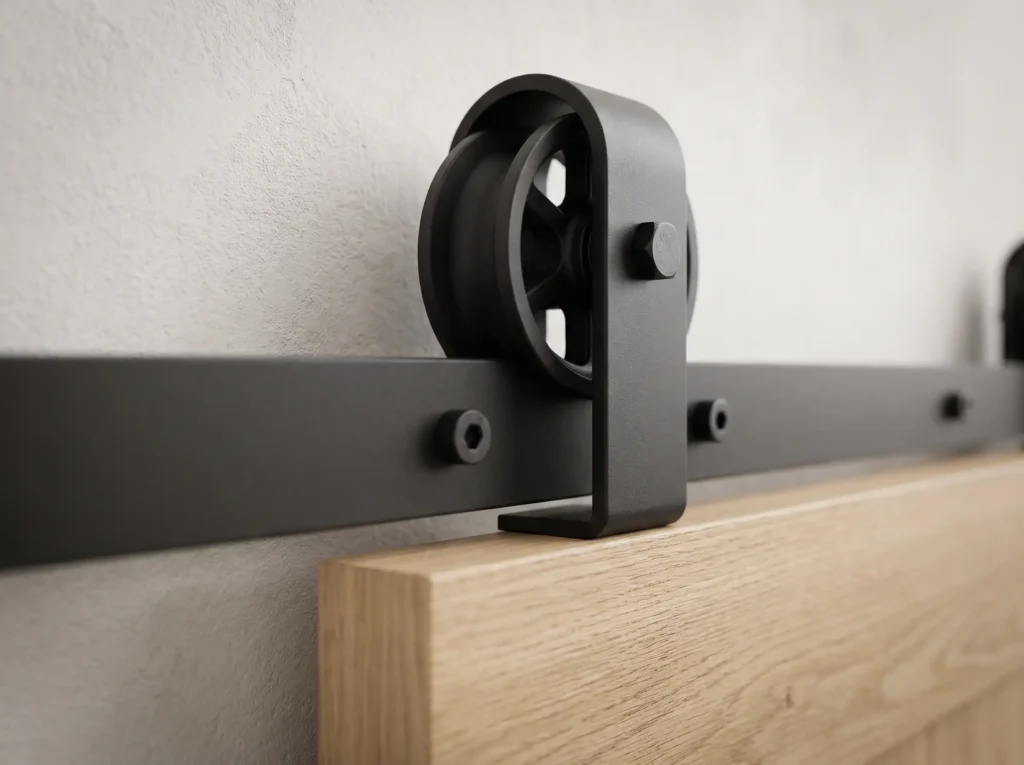 Barn door hardware track and roller close-up