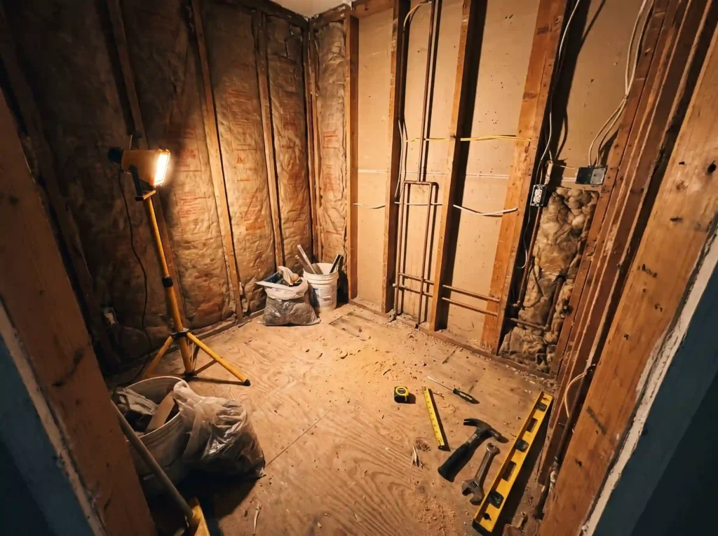 Bathroom remodel mid-construction with exposed plumbing and studs