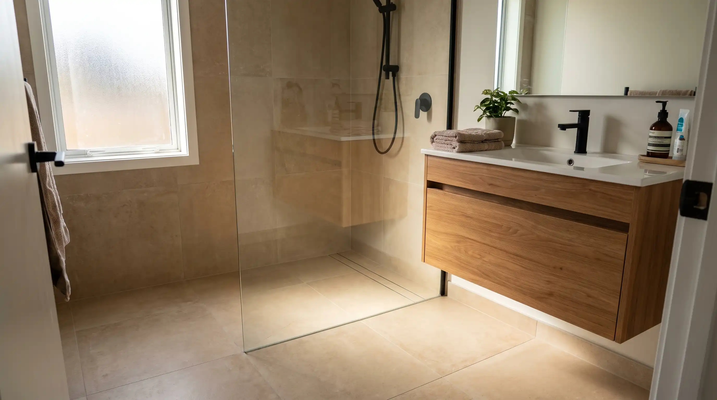 Bathroom remodel with a curbless walk-in shower and warm neutral tile