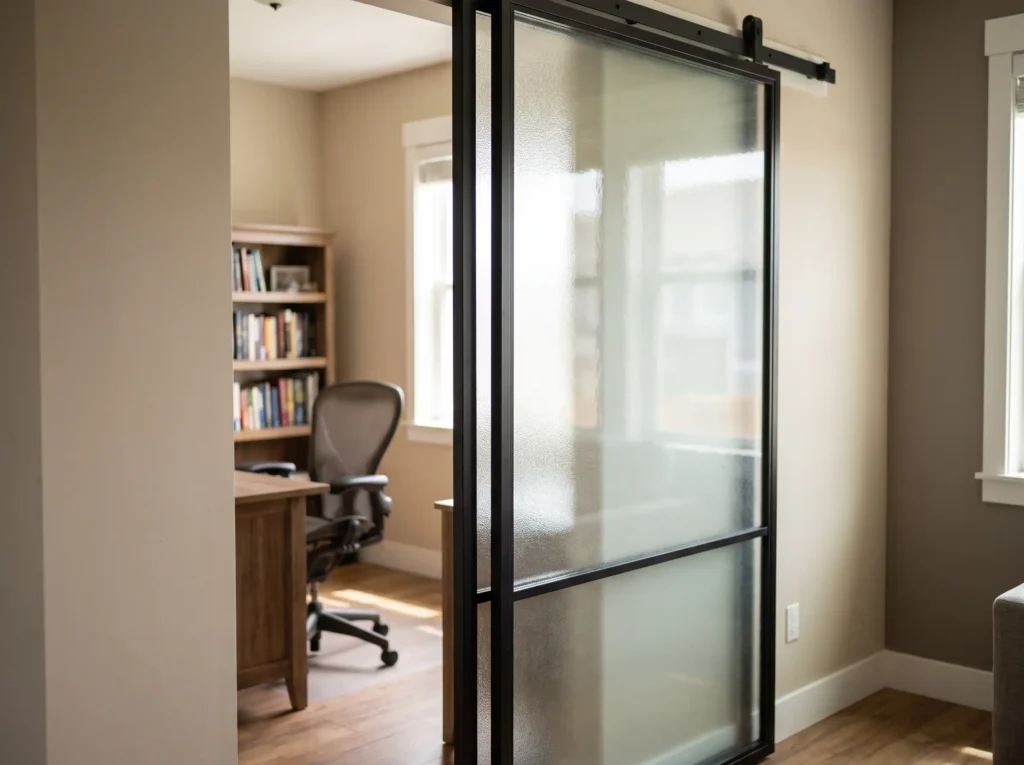Glass sliding door closing off a home office space