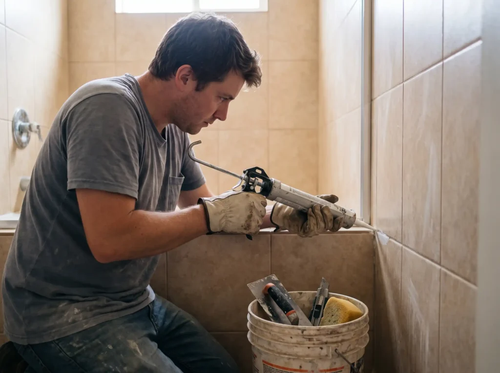Homeowner doing DIY tile work during a bathroom renovation