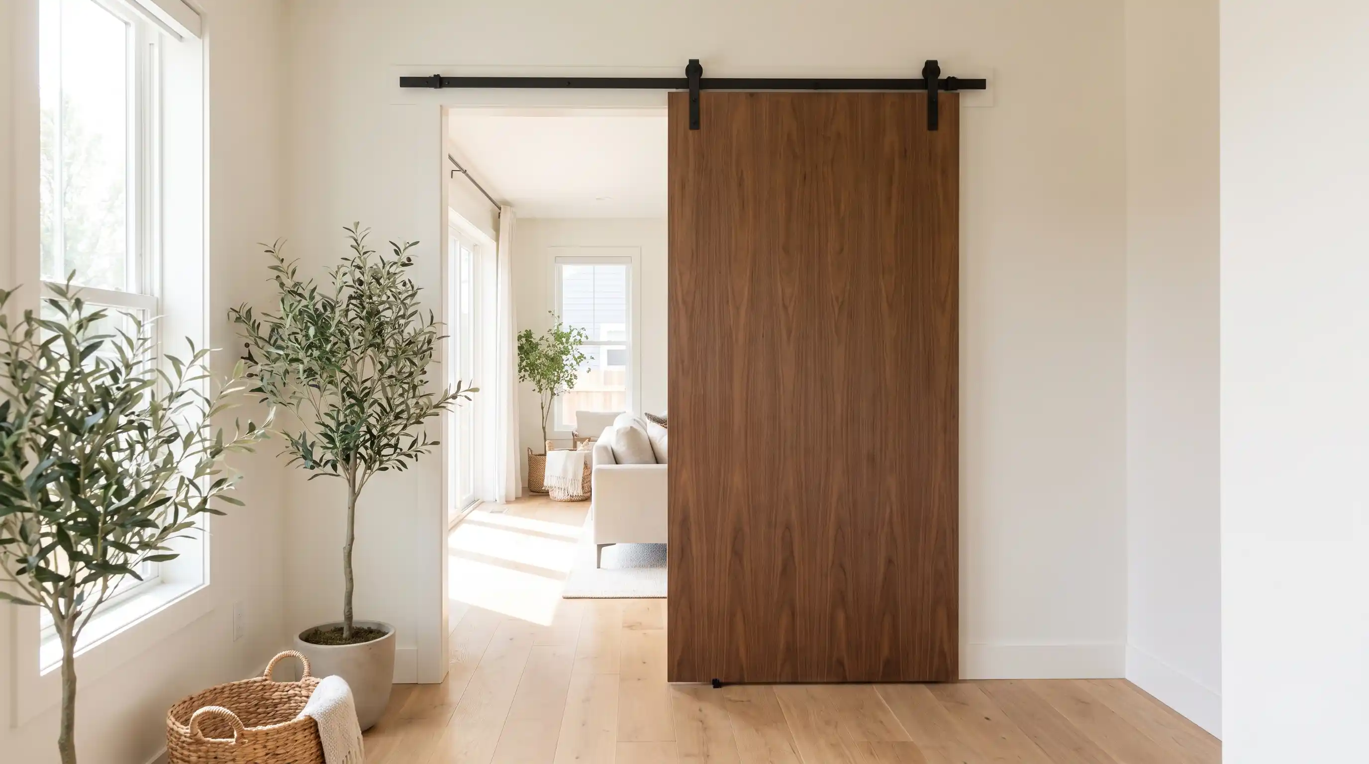 Modern barn door in a bright hallway entryway