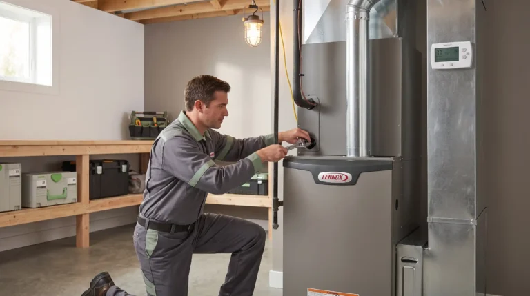 Technician completing a furnace replacement in a home utility closet