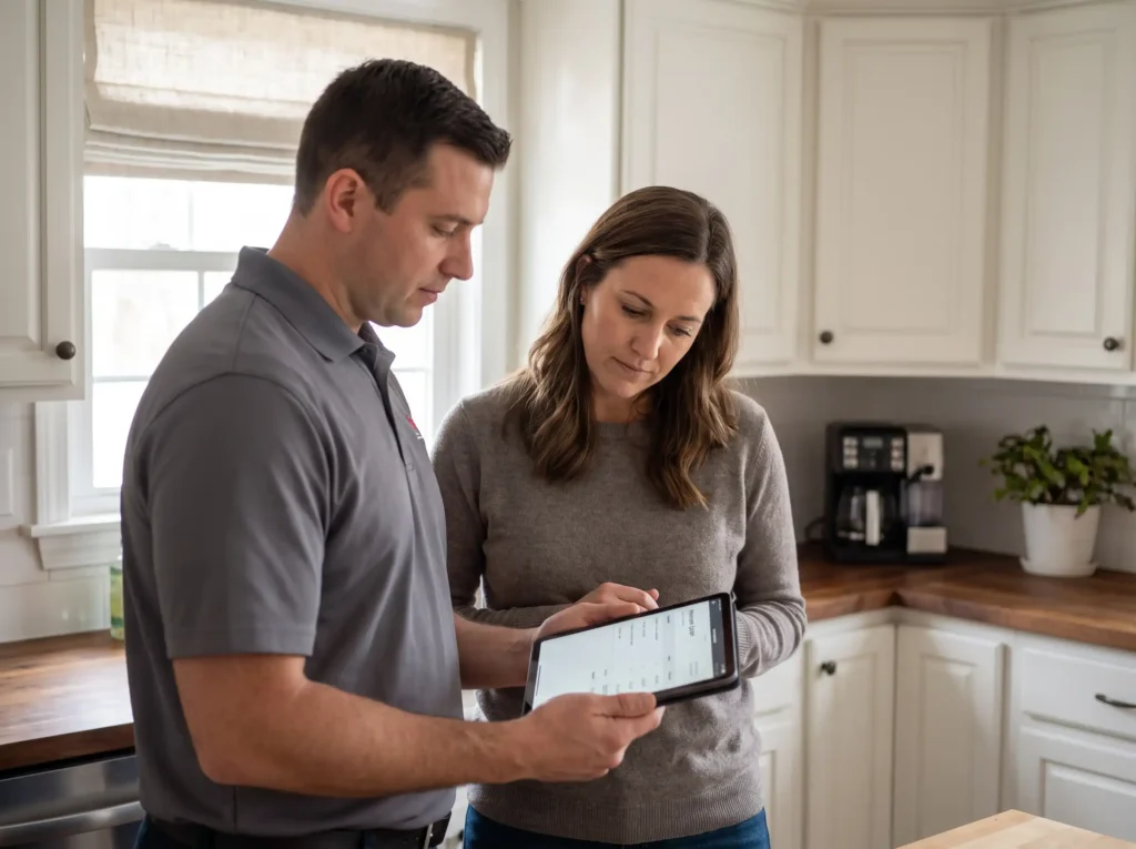 Technician reviewing a furnace replacement cost estimate with a homeowner