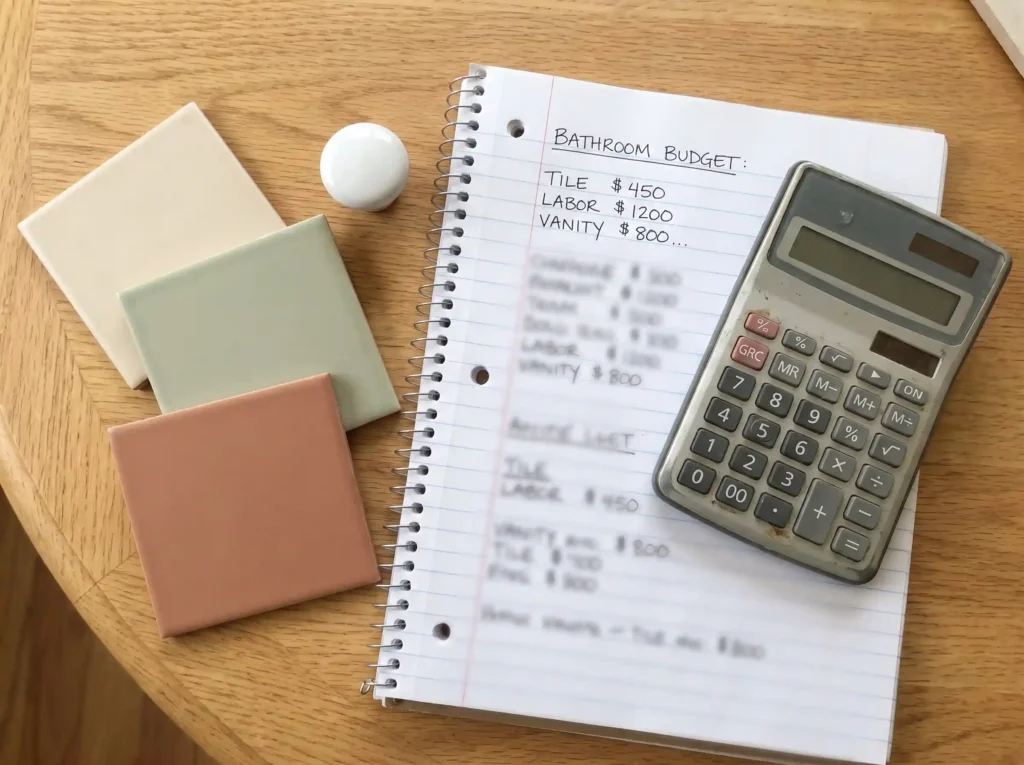Tile and fixture samples with a budget notebook and calculator