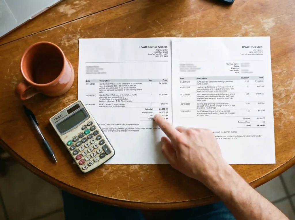 Two HVAC service quotes compared side by side at a kitchen table