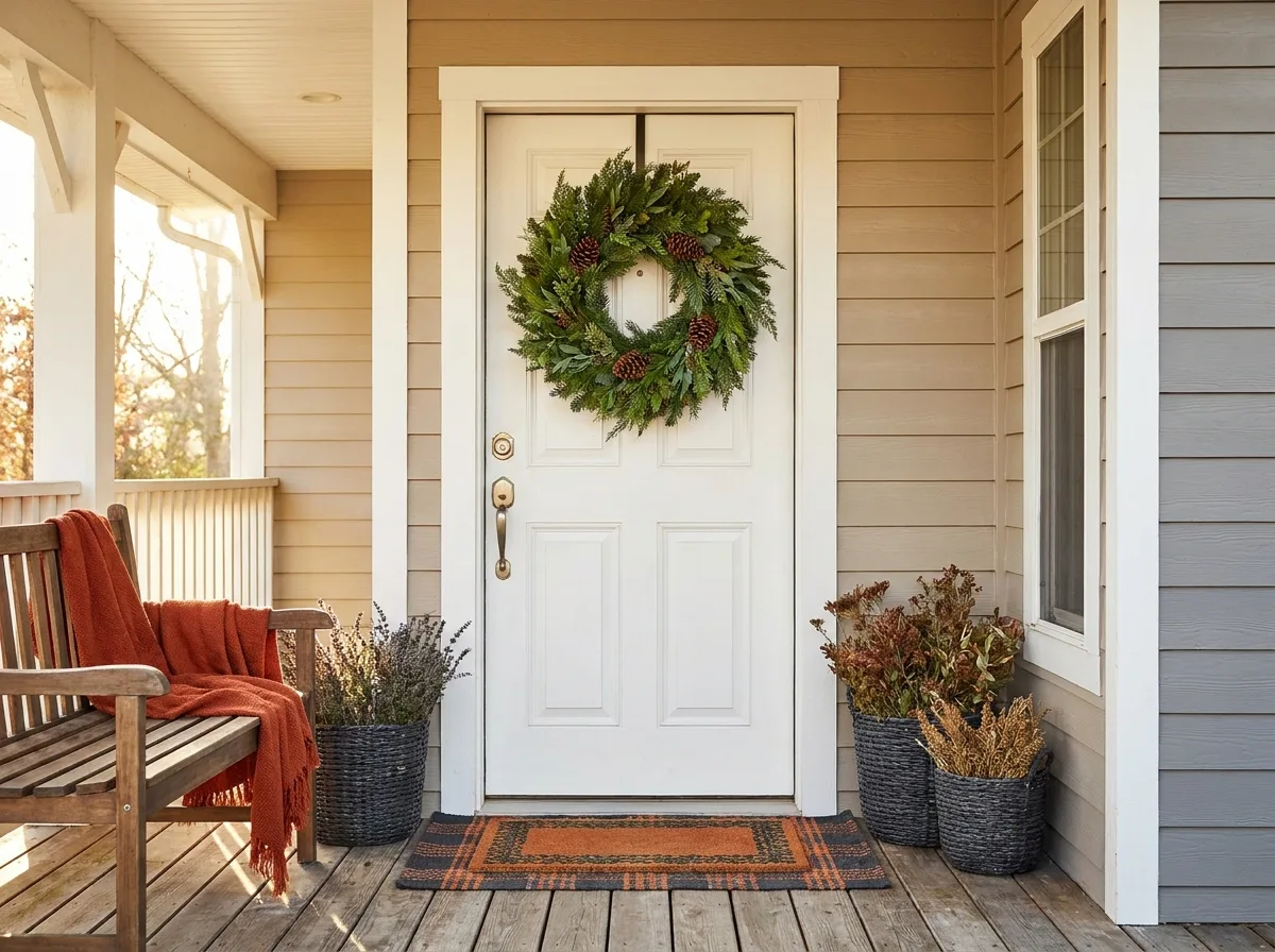 A 24 inch wreath centered on a standard front door with clear space on both sides