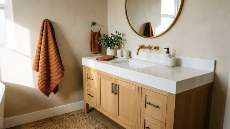 48 Inch Bathroom Vanity: Styles, Costs, and How to Choose 14 A 48 inch bathroom vanity with a single sink and round mirror in a bright modern bathroom