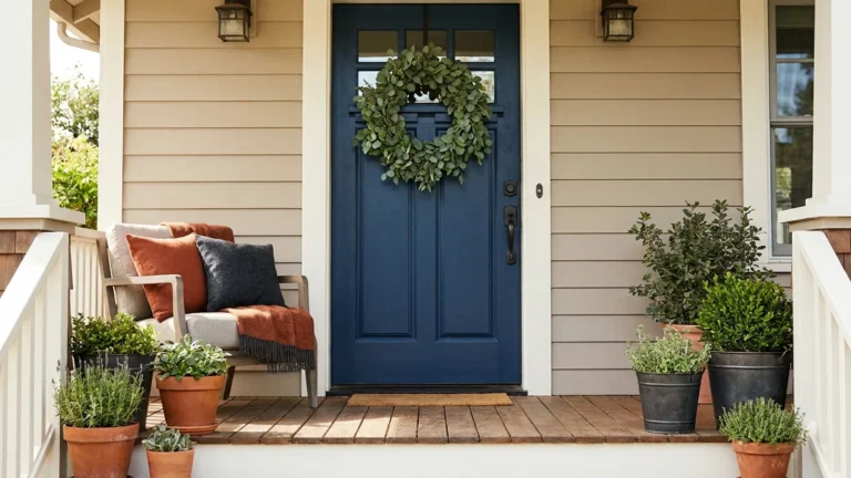 Front Door Wreath: How to Pick, Size and Keep One Looking Good 1 A green eucalyptus front door wreath hanging at eye level on a navy blue door