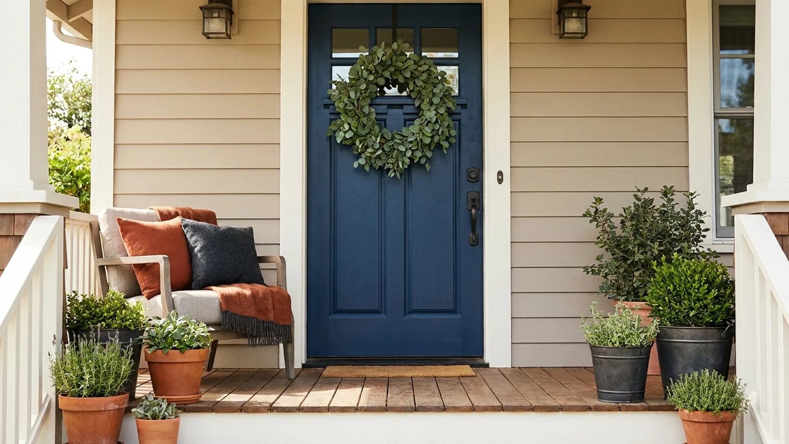A green eucalyptus front door wreath hanging at eye level on a navy blue door