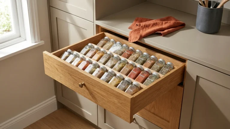 Spice Rack Organizer: Pick the Style That Fits Your Kitchen 8 Angled drawer spice rack organizer holding labeled jars in a bright modern kitchen
