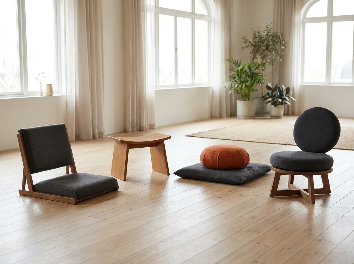 Meditation Chair Ideas That Look Good and Feel Right 3 Backed floor chair, kneeling bench, zafu with zabuton and round-seat chair on a pale wood floor