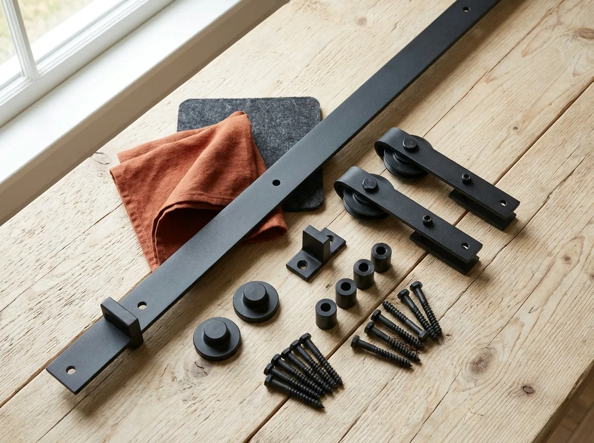 Barn door hardware kit parts including track, hangers, bump stops and bolts laid on a wood table