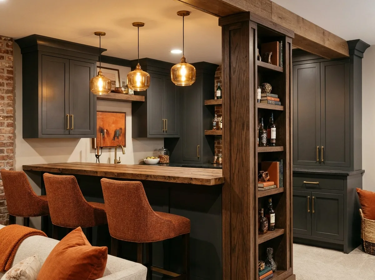 Basement wall bar with charcoal cabinets, wood counter and stools around a shelf-wrapped column