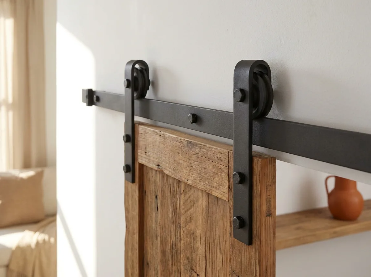 Black flat steel track with two wheeled hangers mounted above a wood sliding door