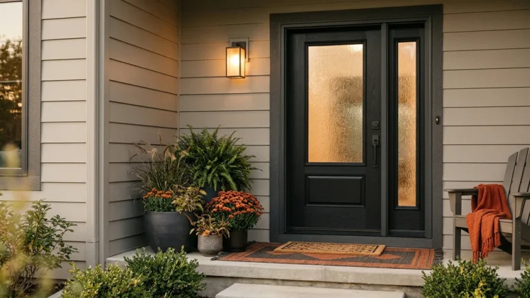 Glass Front Door Ideas That Keep the Light and Your Privacy 11 Black glass front door with textured glass and sidelight on a gray sided home