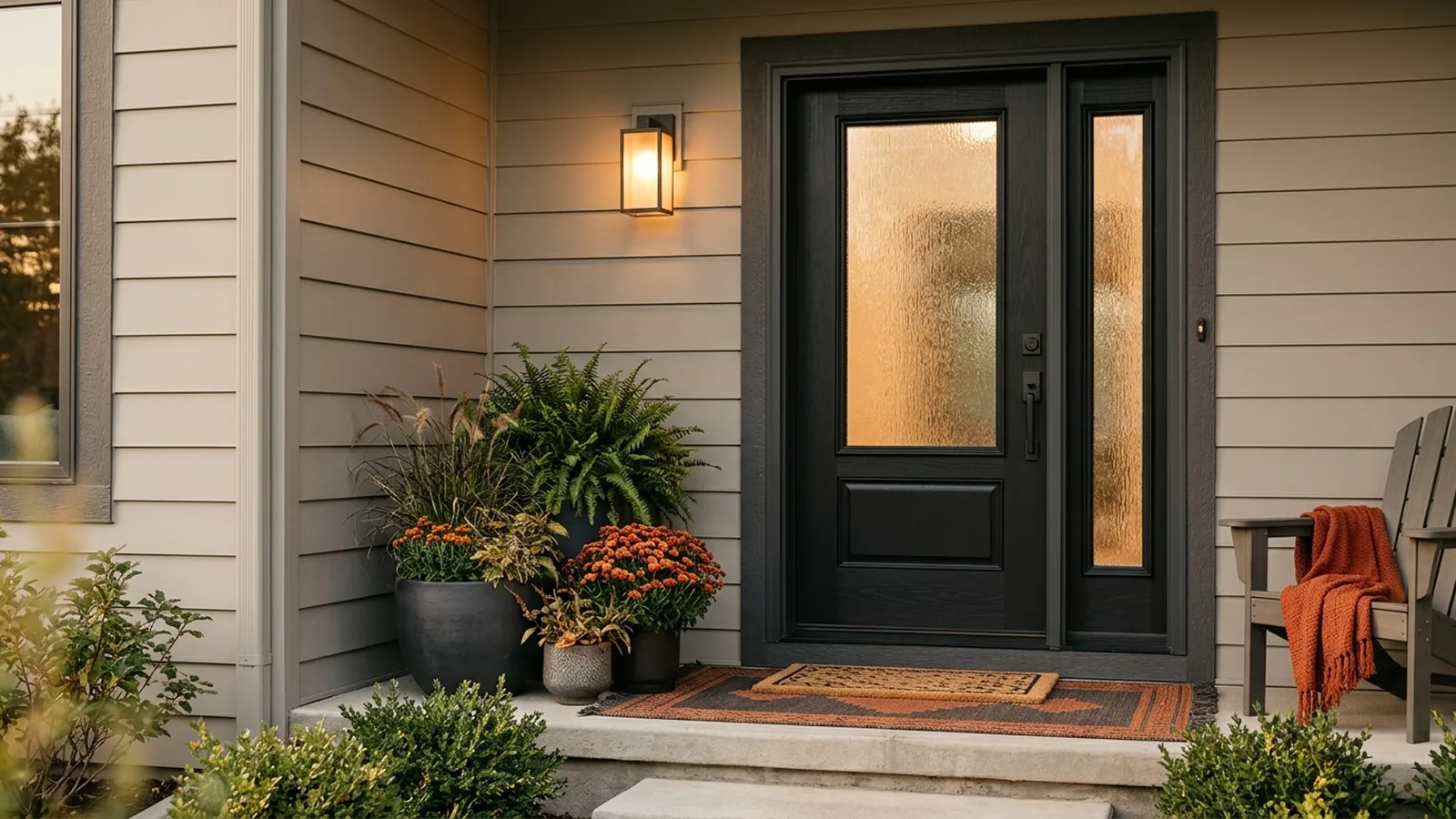 Black glass front door with textured glass and sidelight on a gray sided home