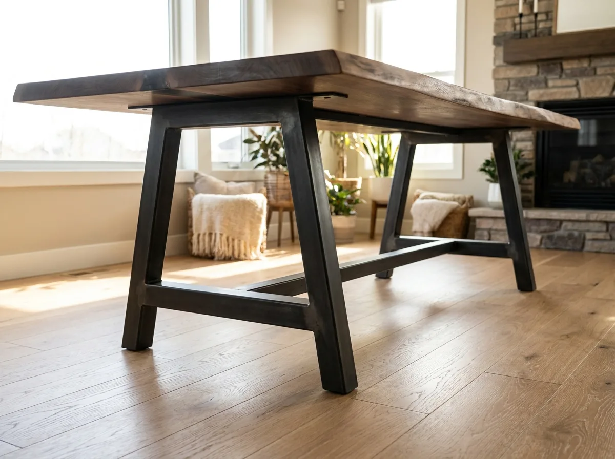 River Table Ideas and Styles That Fit Your Room and Budget 5 Black steel base supporting a heavy walnut river table on a light wood floor