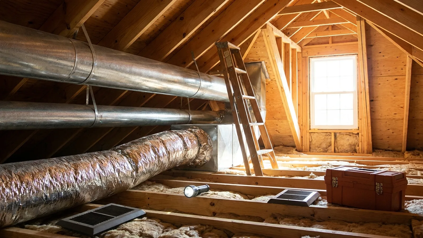 Bright attic with exposed metal HVAC ducts and a ladder, ready for hvac duct repair