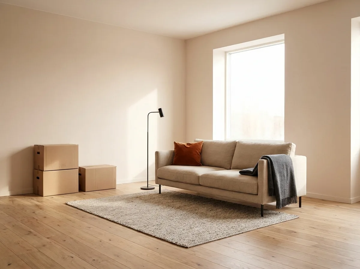 Bright empty living room with moving boxes and a sofa after closing day