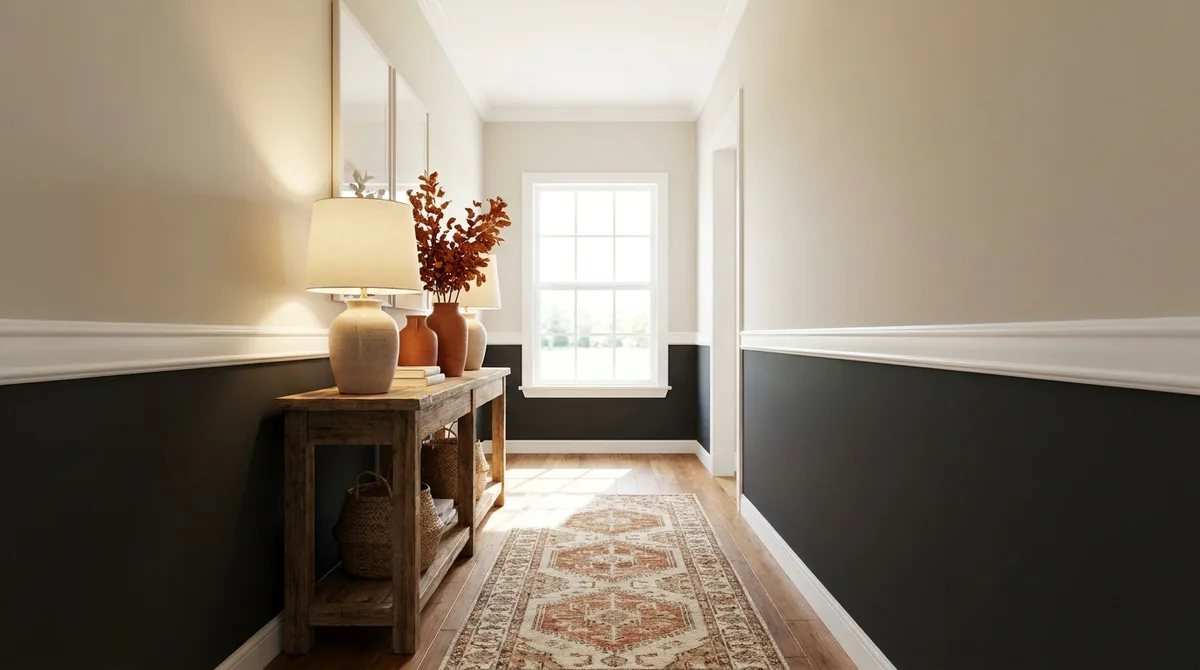 Bright hallway with charcoal lower walls, cream upper walls and a wooden console table