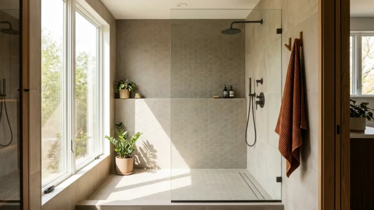 Shower Floor Tile: Pick a Style That Won't Fail in Year Three 7 Bright walk-in shower with a matte porcelain hexagon mosaic floor and glass panel
