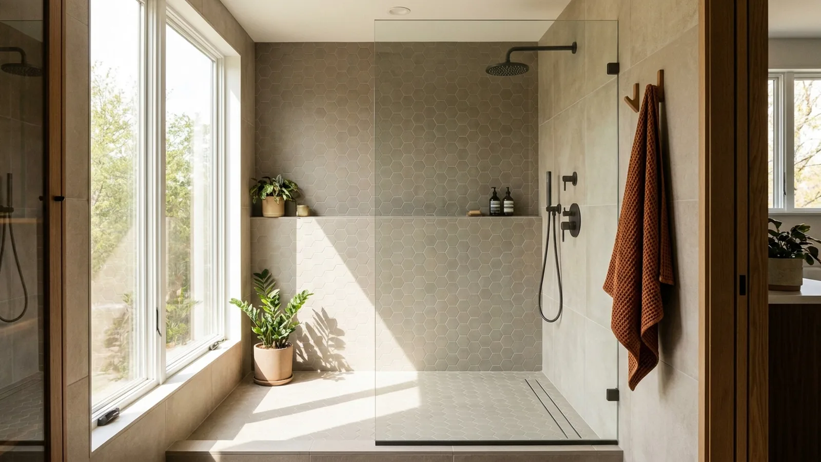 Shower Floor Tile: Pick a Style That Won't Fail in Year Three 1 Bright walk-in shower with a matte porcelain hexagon mosaic floor and glass panel