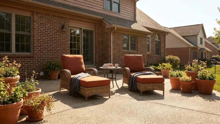 Concrete Patio Ideas That Still Look Good After Ten Winters 3 Broom finish concrete patio with lounge chairs and potted plants behind a brick house
