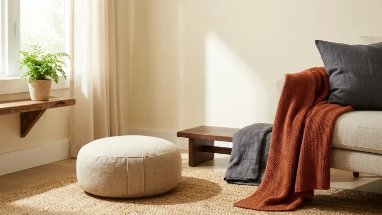 Meditation Chair Ideas That Look Good and Feel Right 3 Calm meditation chair corner with a linen zafu cushion, jute rug and rust throw