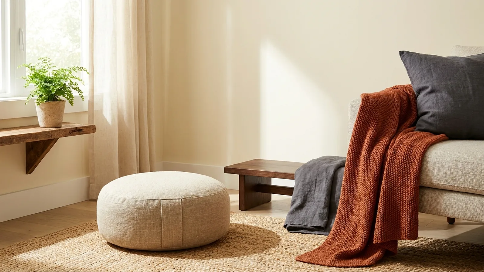 Meditation Chair Ideas That Look Good and Feel Right 1 Calm meditation chair corner with a linen zafu cushion, jute rug and rust throw