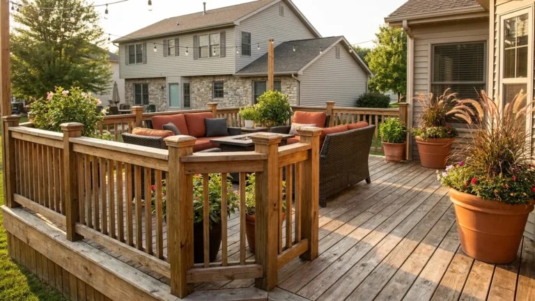 Deck Railing Ideas That Look Good and Pass Inspection 9 Cedar deck railing ideas shown on a backyard deck with burnt orange cushions at golden hour