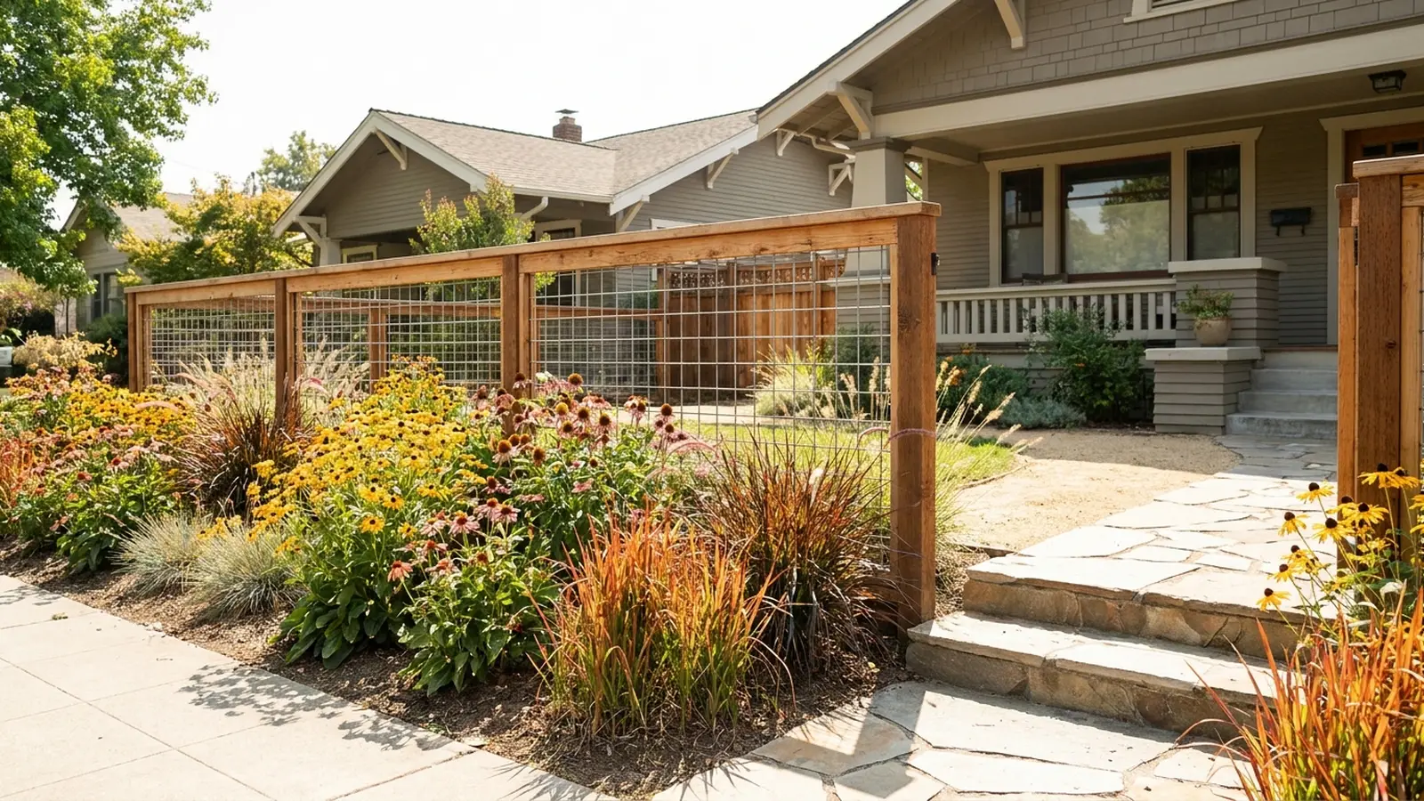 Cedar-framed hog wire fence along a sunny front yard with a flowering garden border