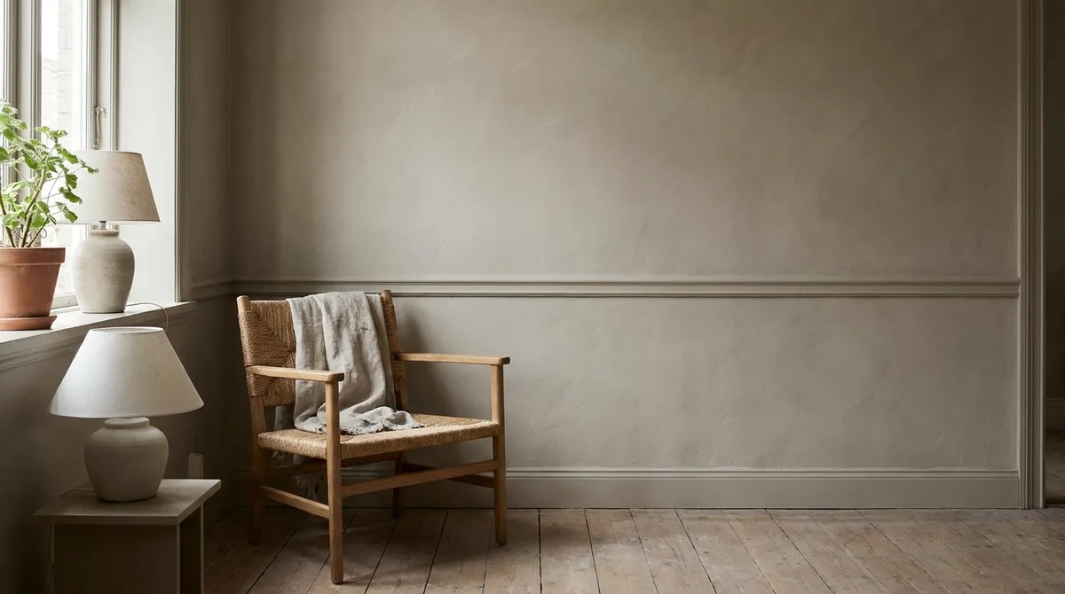 Chair rail painted the same warm greige as the wall, forming a subtle shadow line