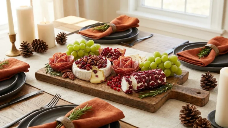 Christmas Charcuterie Board Ideas That Work on a Real Holiday Table 16 Christmas charcuterie board ideas shown on a festive holiday table with brie, cranberries and rosemary
