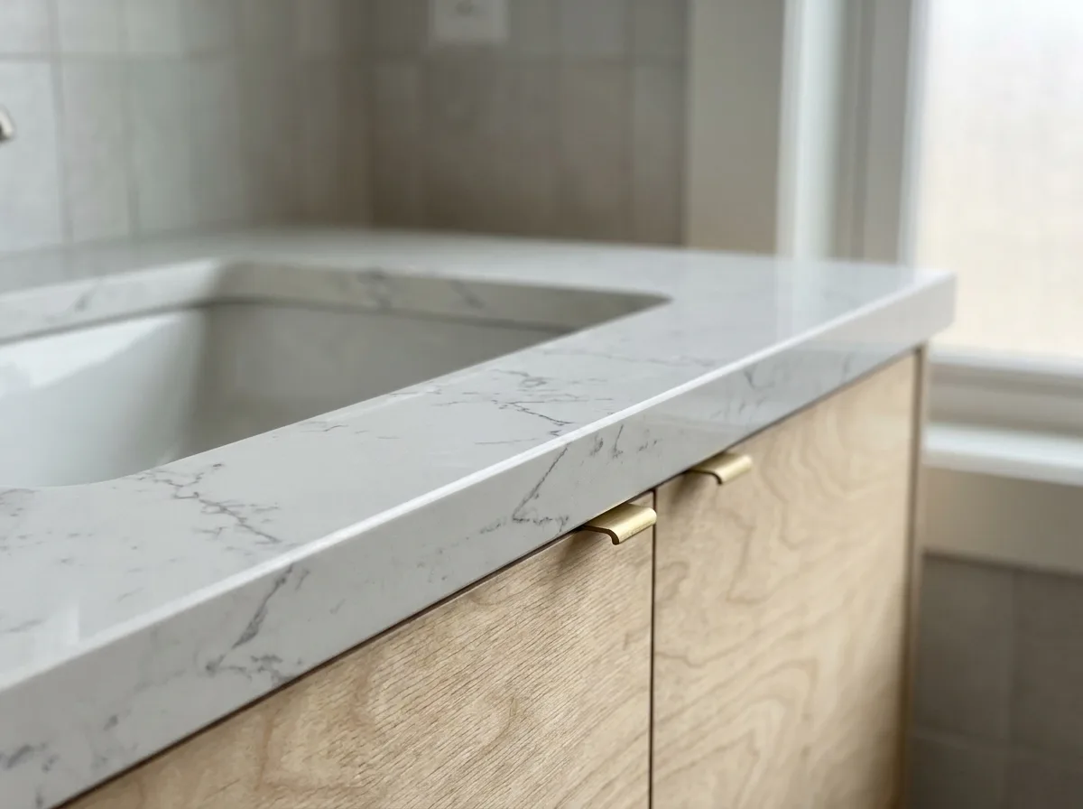 48 Inch Bathroom Vanity: Styles, Costs, and How to Choose 5 Close-up of a quartz bathroom vanity top with an undermount sink above a wood cabinet