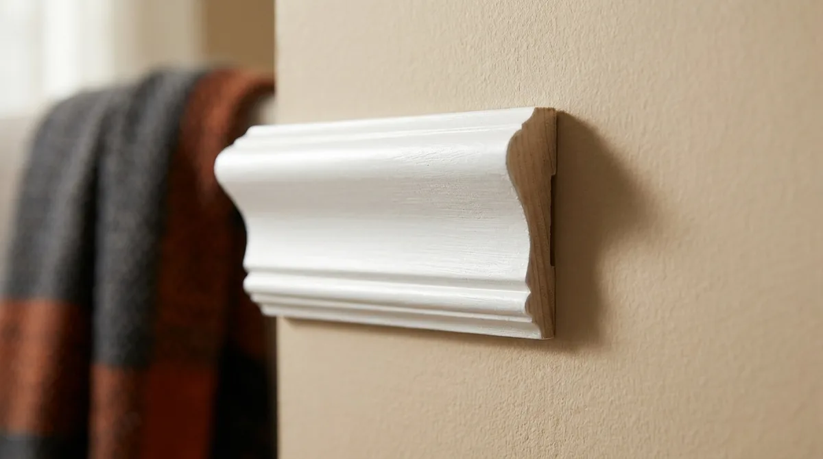 Close-up of a simple painted chair rail molding profile on a warm neutral wall
