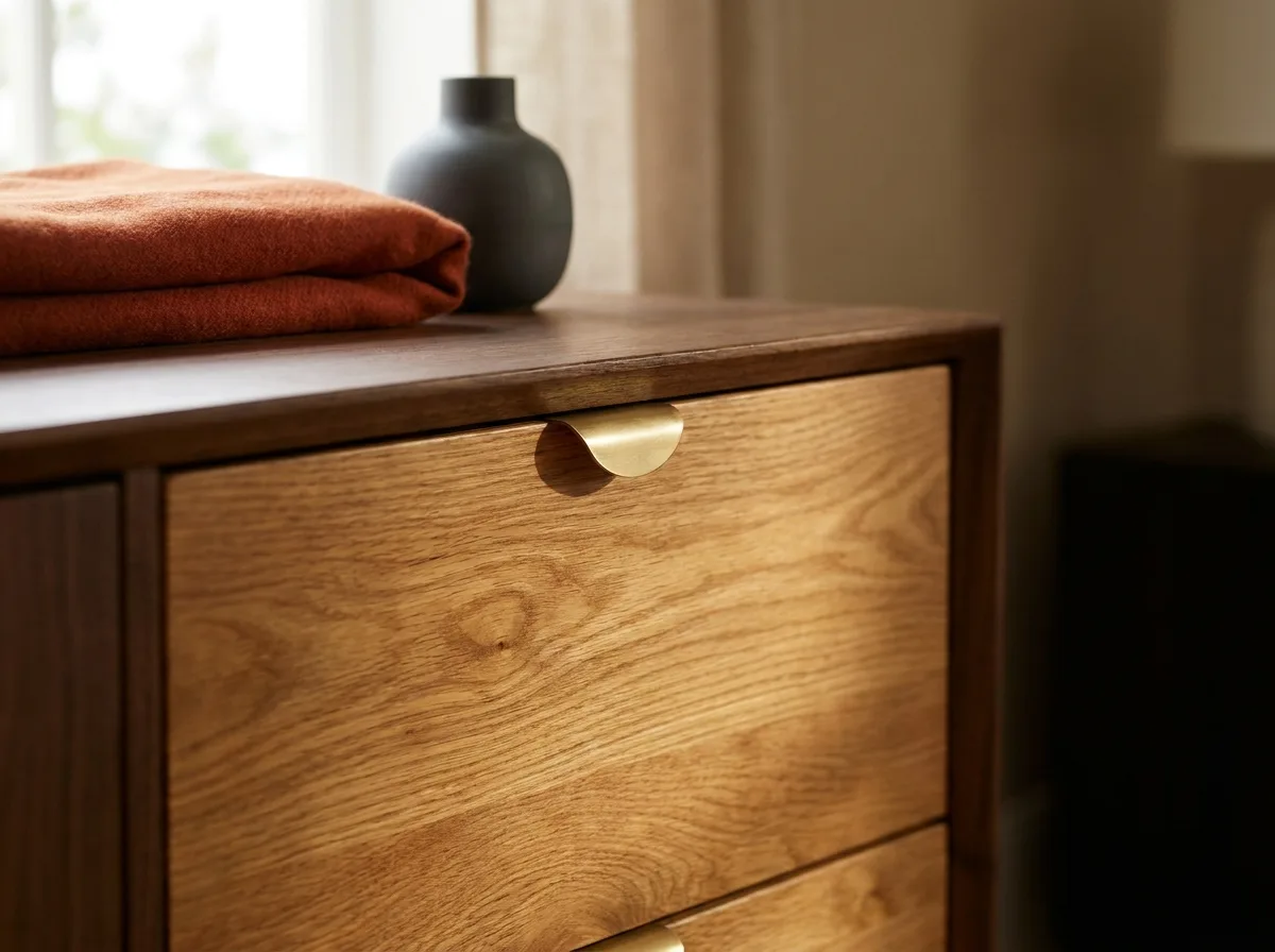 Dining Room Storage That Fits: Sizes, Costs and Smart Picks 5 Close-up of a solid oak drawer front with warm grain and a simple brass pull