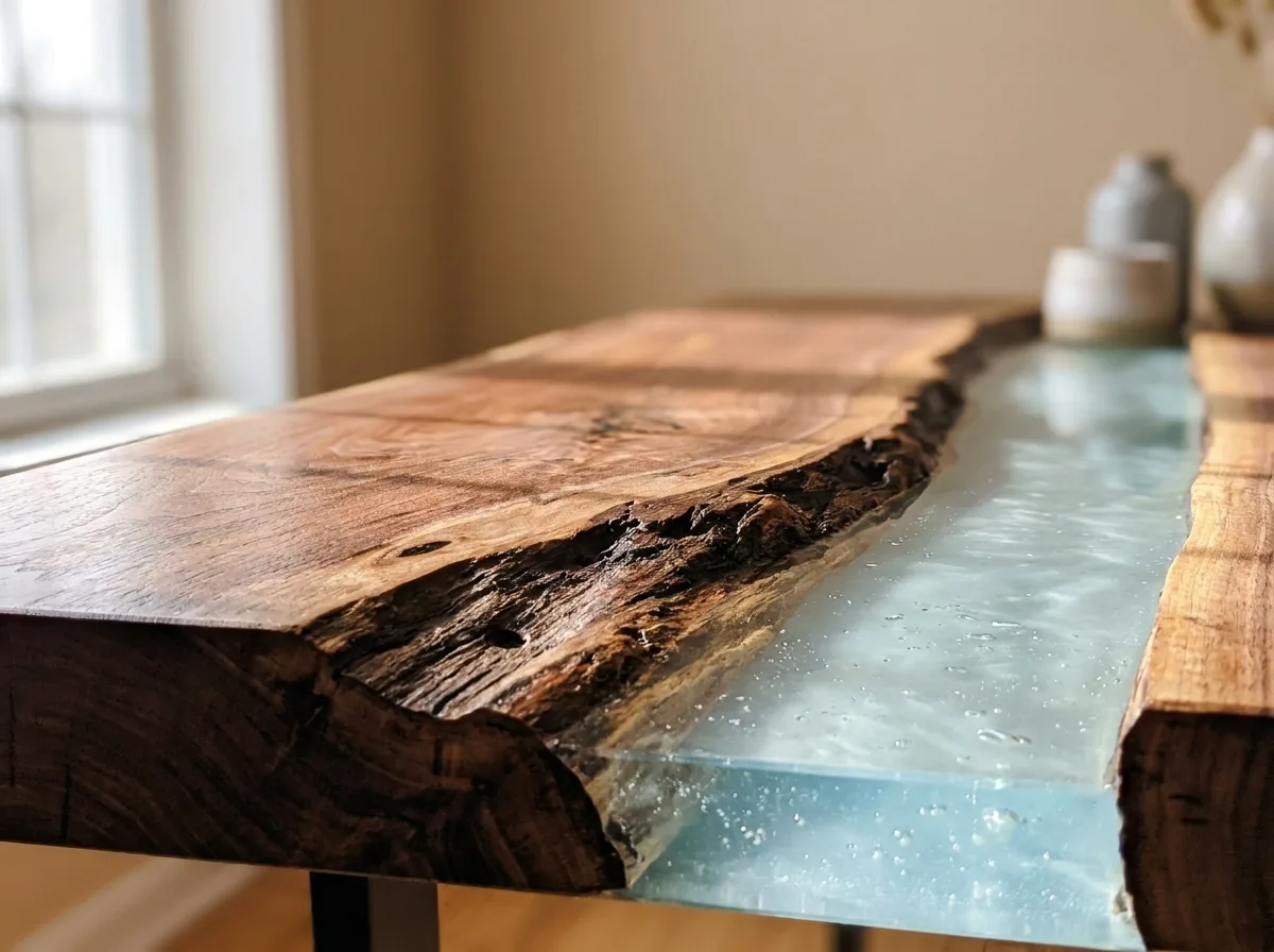 River Table Ideas and Styles That Fit Your Room and Budget 3 Close-up of a walnut live edge slab beside a blue tinted river table resin channel