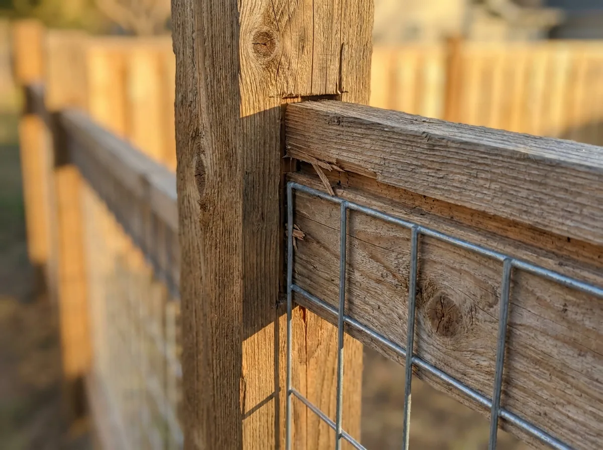 Close view of a hog wire fence panel set in a routed cedar frame