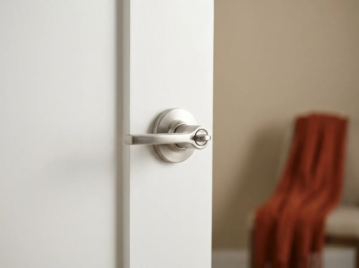 Close view of a painted solid core bathroom door and brushed nickel privacy lever handle
