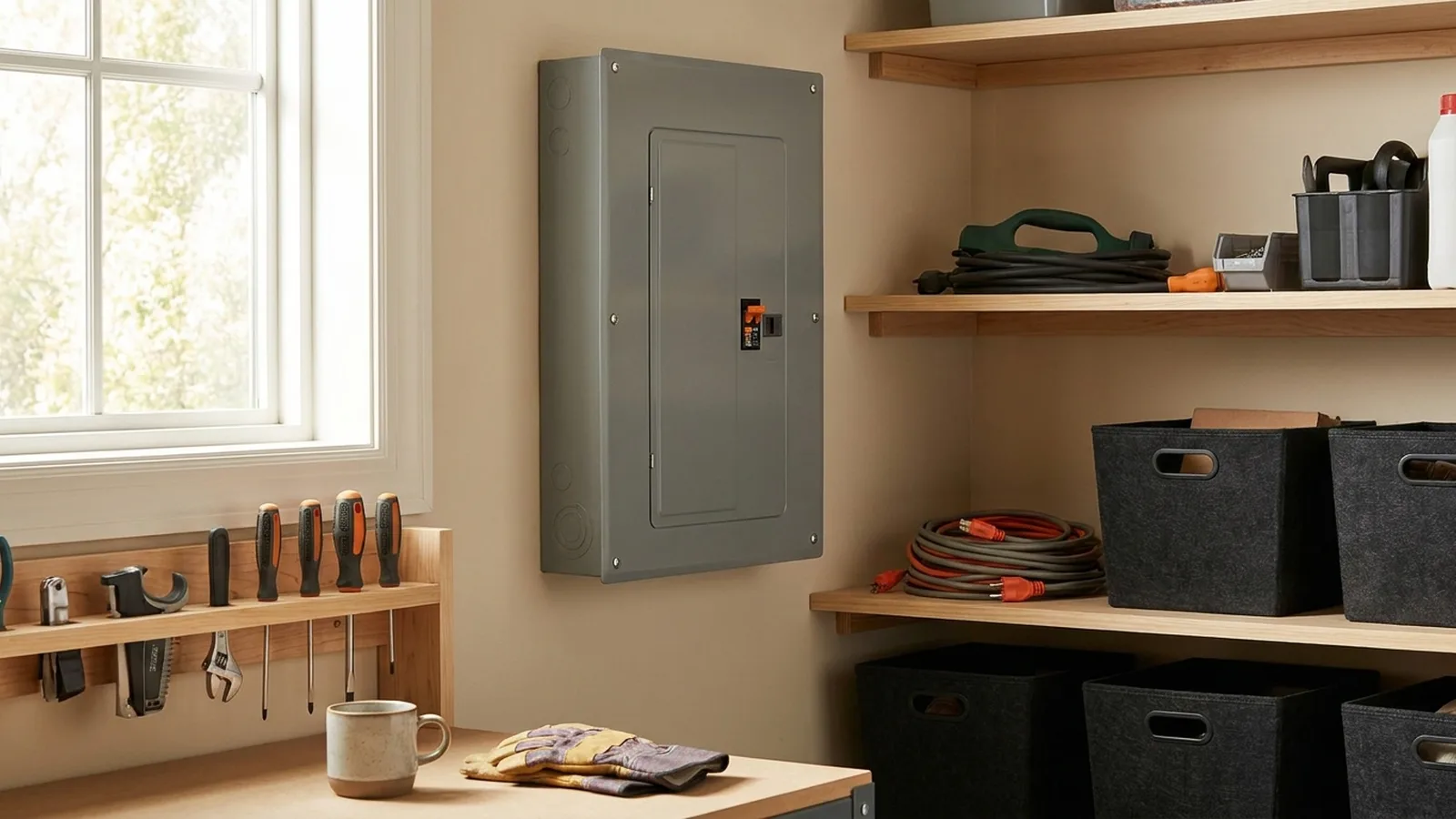 Closed home electrical panel on a garage wall showing one breaker handle tripped