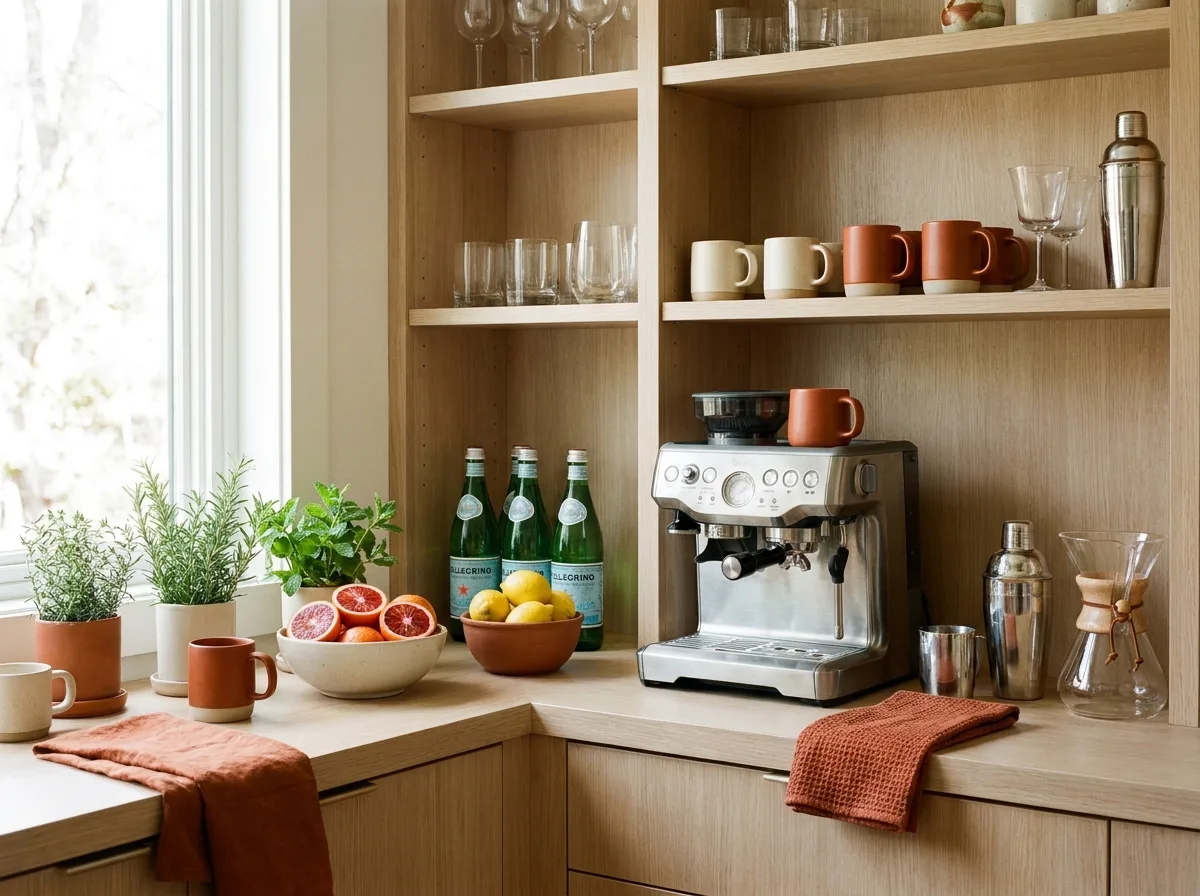 Coffee and mocktail bar corner with espresso machine, mugs, citrus and herbs on a wood shelf
