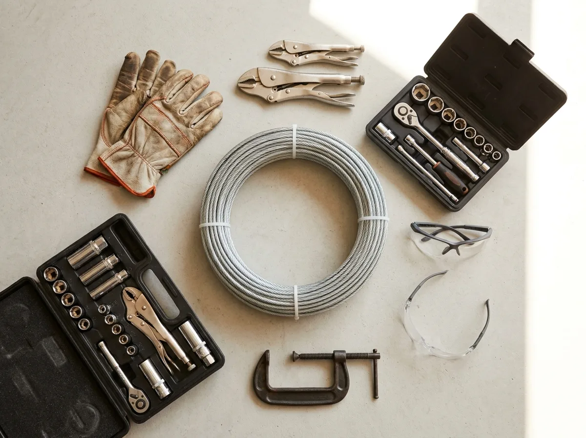 Coil of new steel cable with locking pliers, clamps, gloves and safety glasses