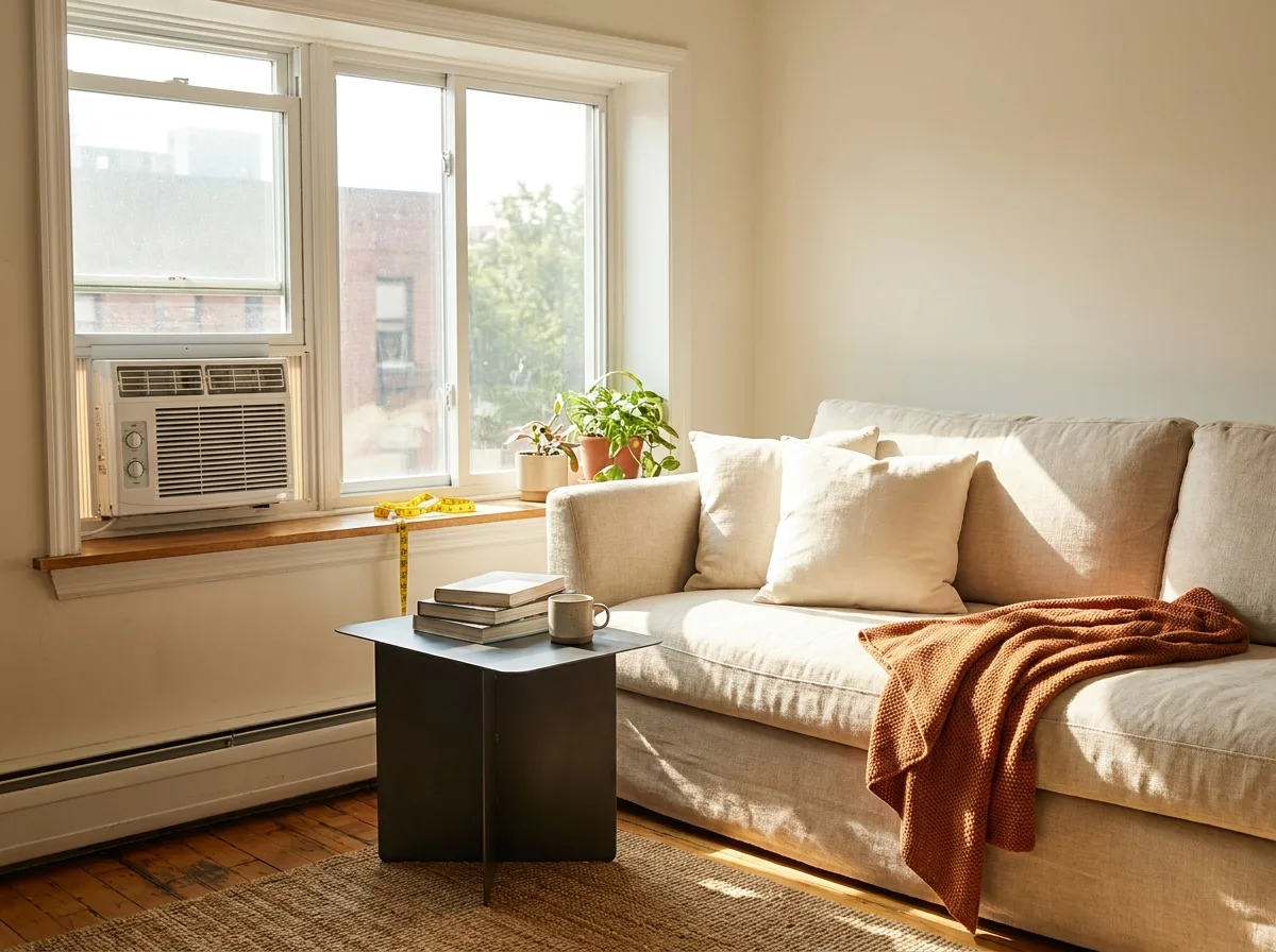 Vertical Window Air Conditioner: Does Your Window Actually Fit One? 3 Compact window air conditioner in a sliding window above a sofa in a sunny living room