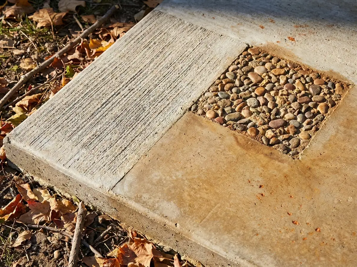Concrete Patio Ideas That Still Look Good After Ten Winters 2 Concrete patio finishes including broom, exposed aggregate and stain shown on one slab