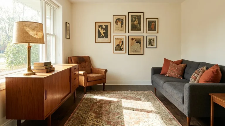 Vintage Aesthetic at Home: Get the Look Without the Costume 3 Cozy living room showing a vintage aesthetic with a wood sideboard, rust rug and brass lamp