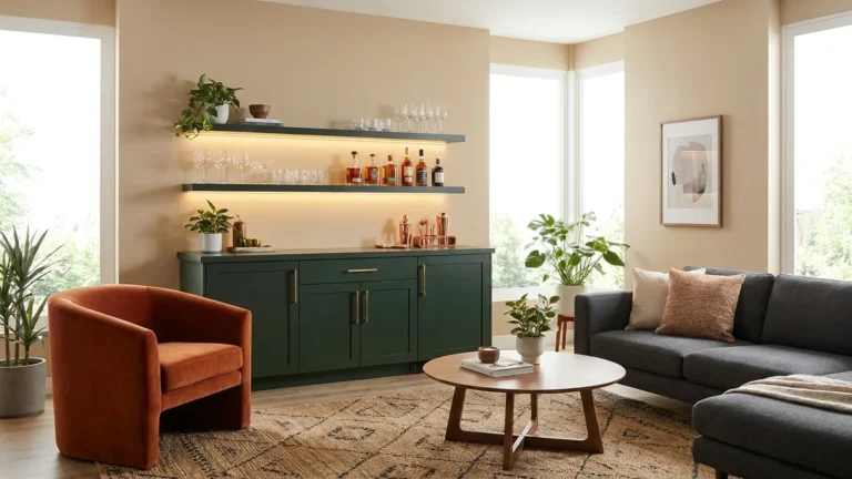 Dark green sideboard home bar with glasses and bottles in a bright modern living room