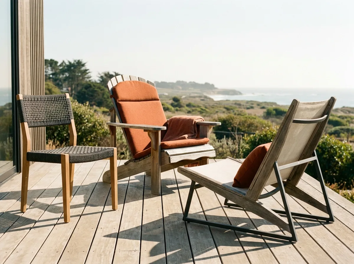 Outdoor Chair Buying Guide: Pick One That Survives Your Climate 2 Dining, Adirondack and lounge outdoor chair types lined up on a sunny wooden deck