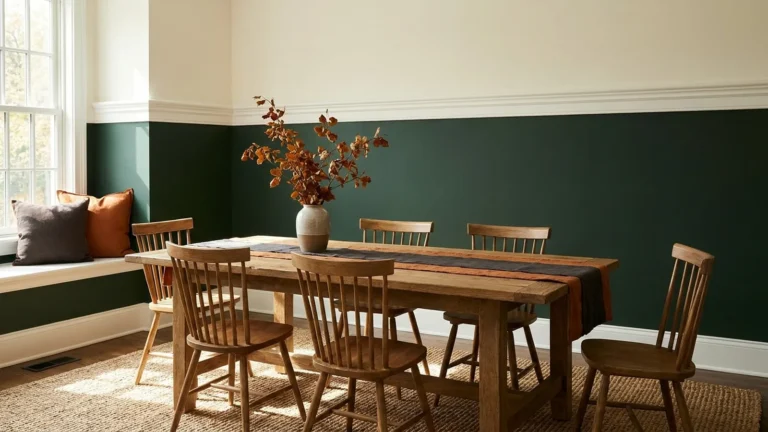 Chair Rail Ideas and Styles That Still Look Right in 2026 1 Dining room with a white chair rail over deep green painted walls and wooden chairs