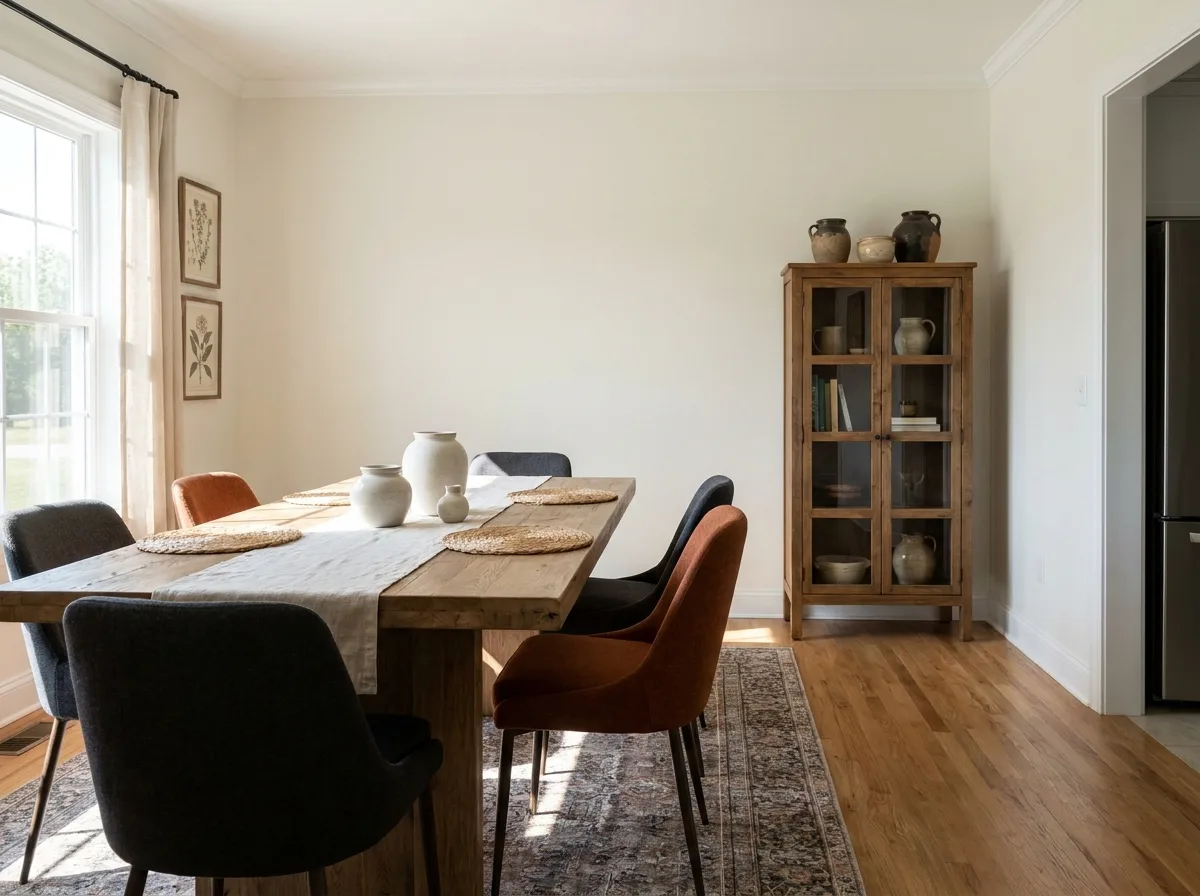 Dining Room Storage That Fits: Sizes, Costs and Smart Picks 3 Dining table with pulled-out chairs leaving clear walking space beside a slim cabinet